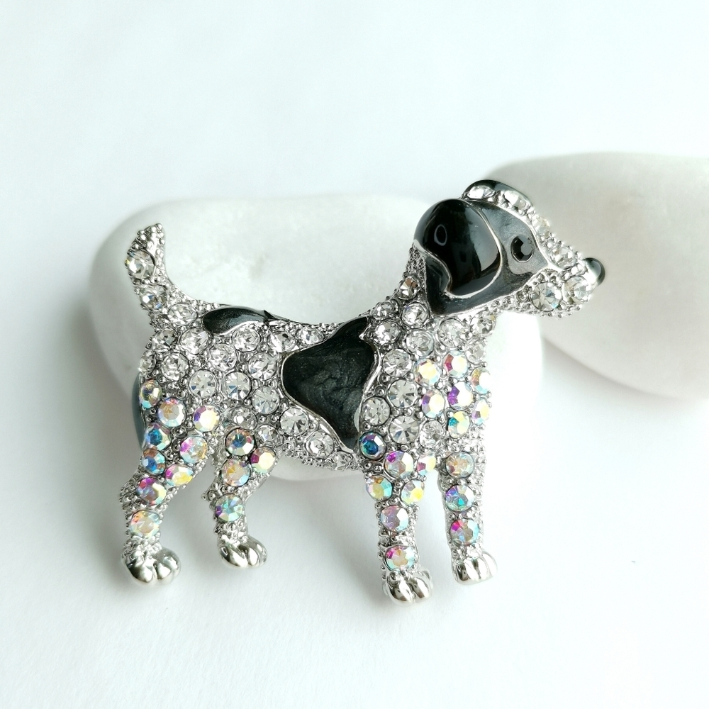 NWT Black and White Dog brooch pin in silver tone with enamel and crystals